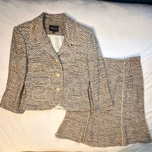 Vintage Biacci 100% Silk Tweed Women’s Skirt Suit 8 beige tan black USA made